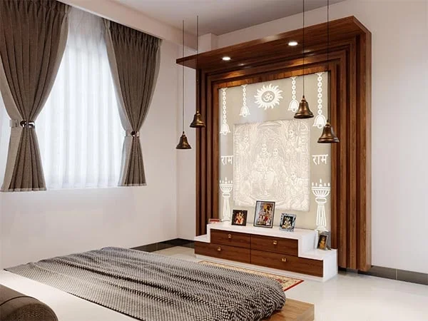 Spacious Pooja Room Design With Storage & POP Designs