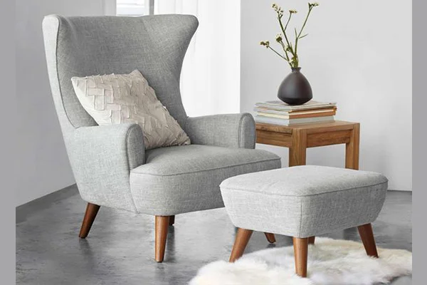 Upholstered Armchairs in Grey Colour with Wooden Leg