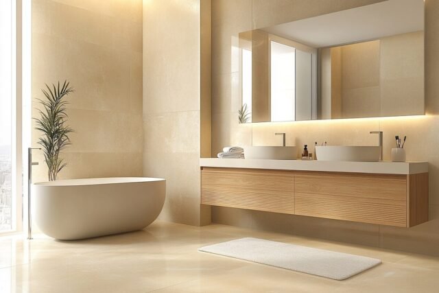 Minimal bathroom interior with soft neutral tones and calming home decor for a relaxing space